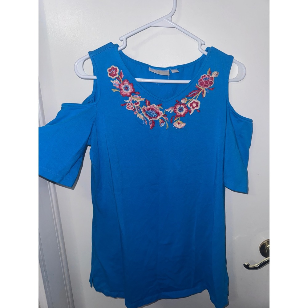 Belle by Kim Gravel Blue Cold Shoulder Embroidered V-Neck Top XS